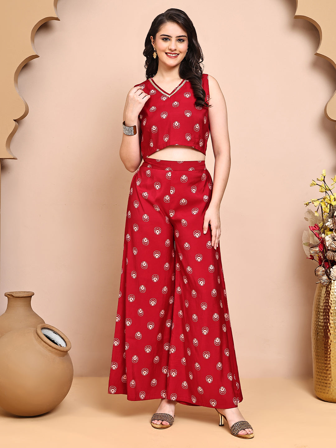 Woman wearing Red Ethnic Print Co-Ord Set