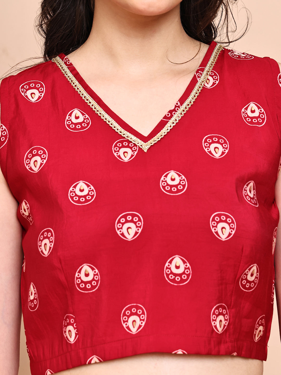 Close-up of Ethnic Print on Red Chanderi Co-Ord Set