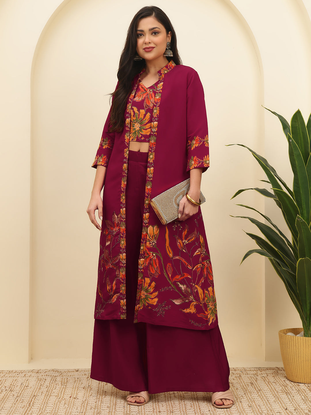 Red Floral Printed Chanderi Silk Co-Ord Set for Women | Claura