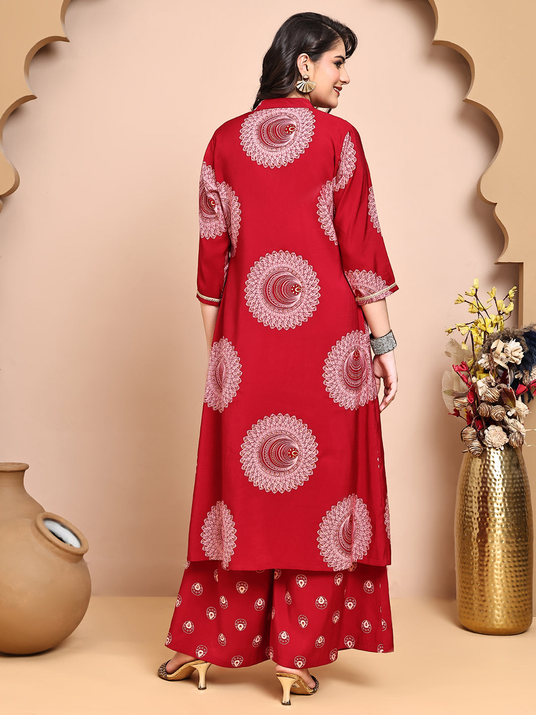 Back view of model styling Red co-ord outfit