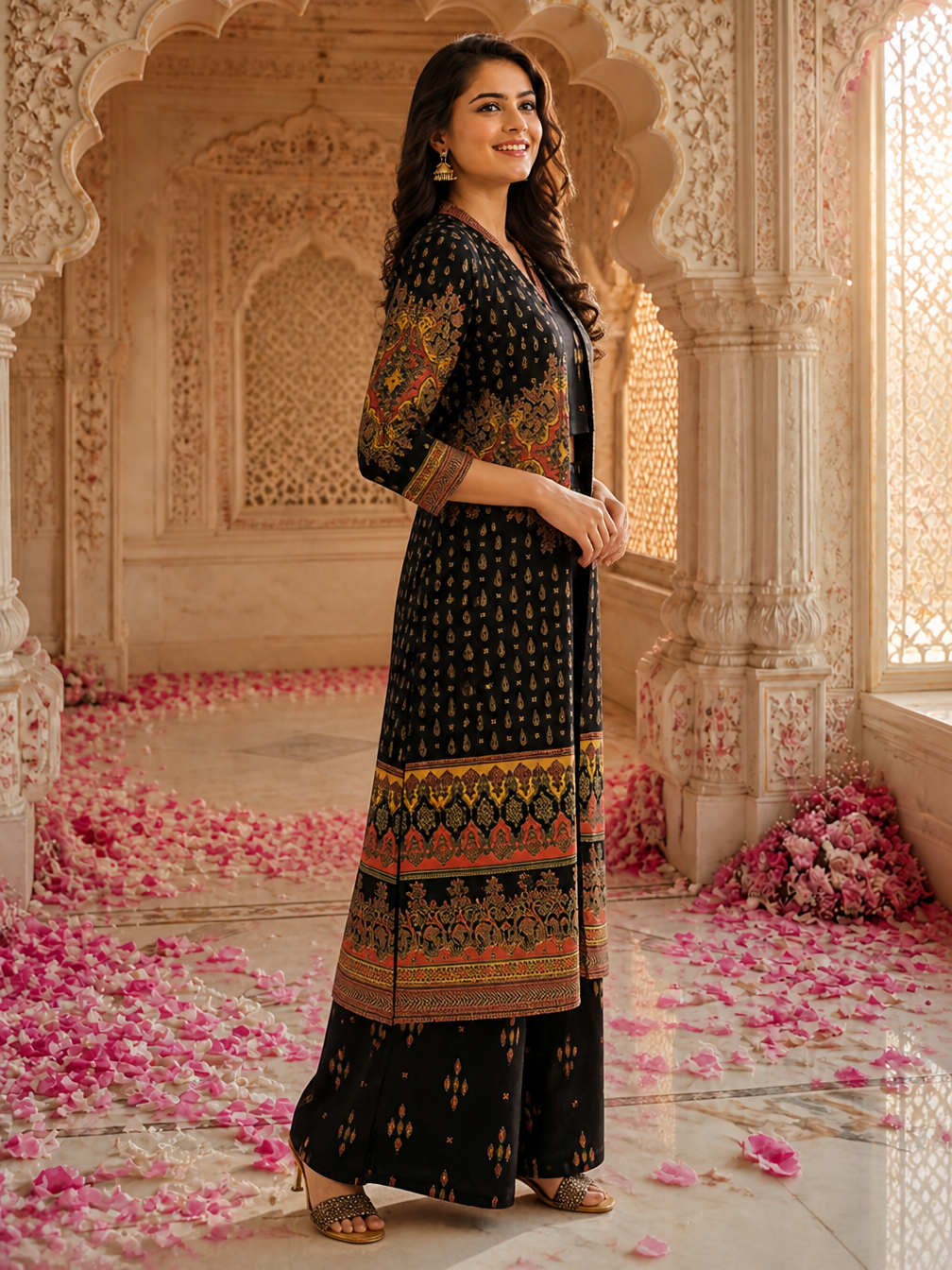 Black Ethnic Printed Viscose Rayon Co-Ord Set for Women | Claura