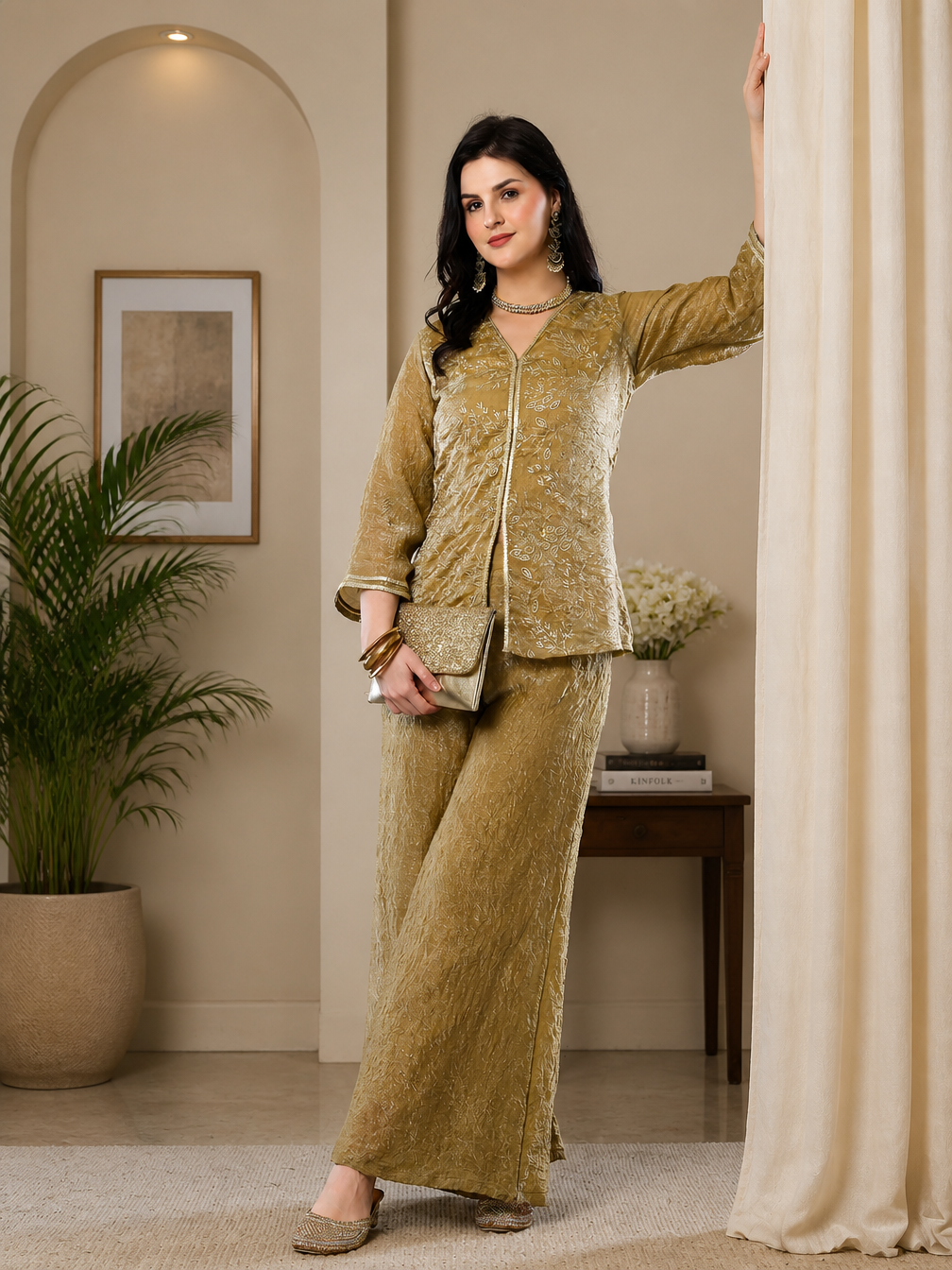 Elegant Gold-Toned Embroidered V-Neck Tunic with Palazzo Set | Claura