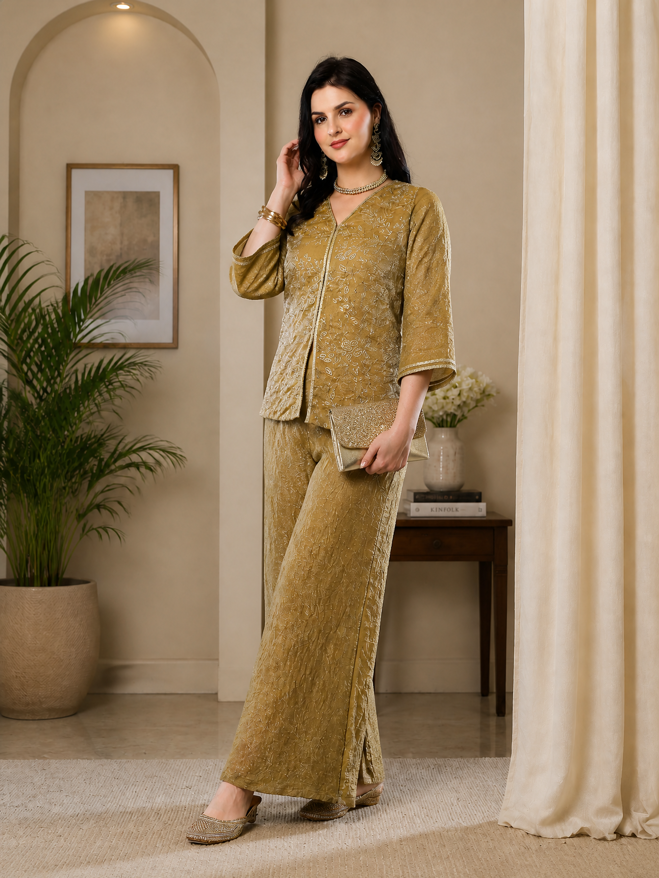 Elegant Gold-Toned Embroidered V-Neck Tunic with Palazzo Set | Claura