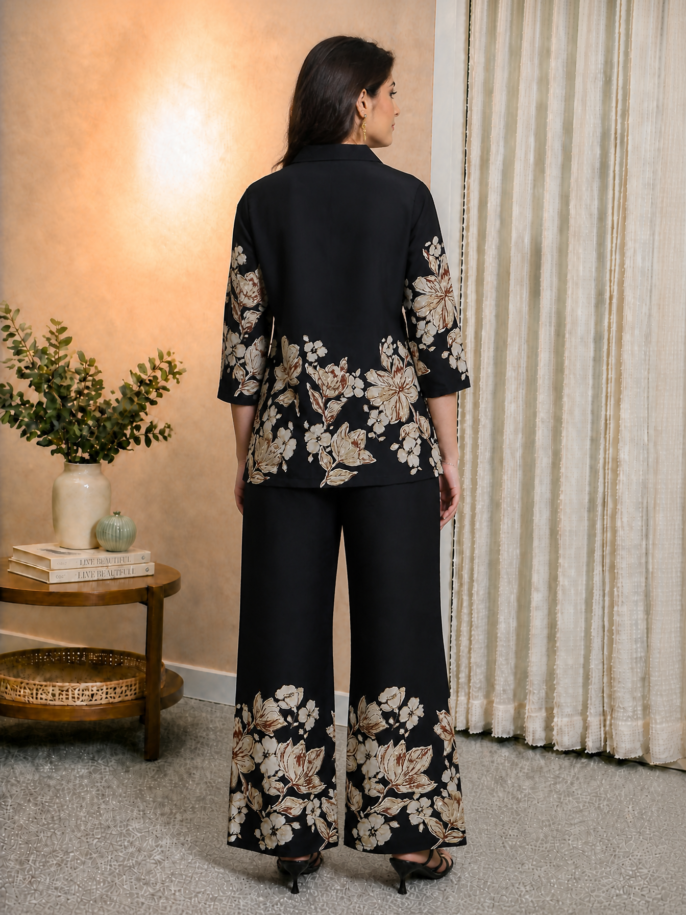 Black Chanderi Silk Floral Co-Ord Set for Women | Claura
