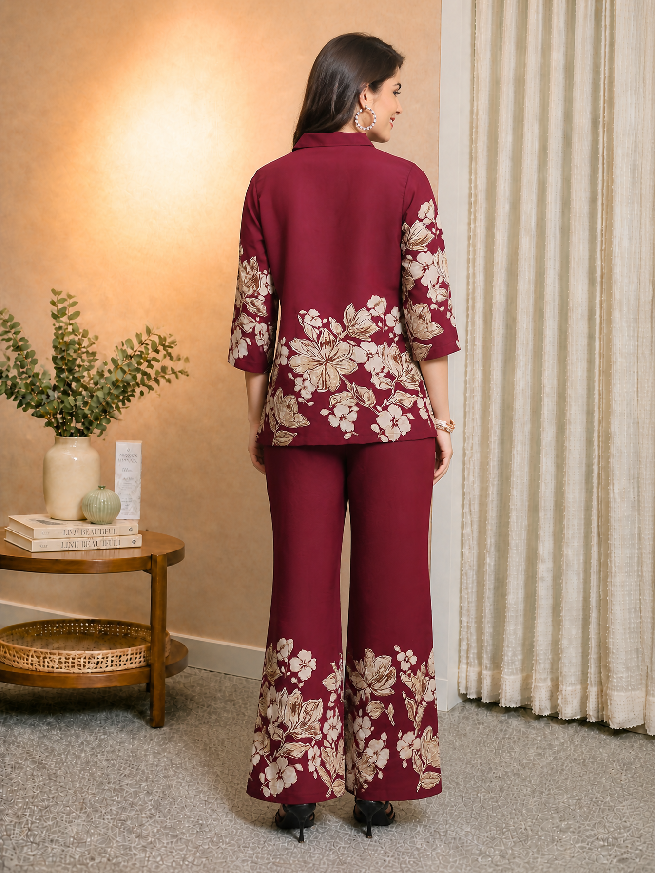 Wine Floral Printed Chanderi Silk Co-Ord Set for Women | Claura