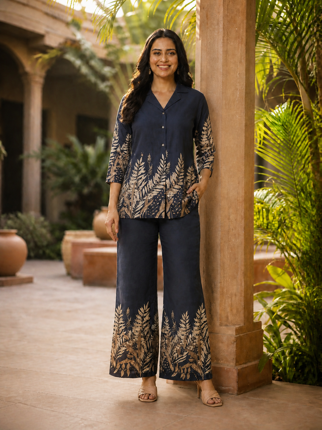 Smokey Grey Leafy Printed Chanderi Co-Ord Set | Claura