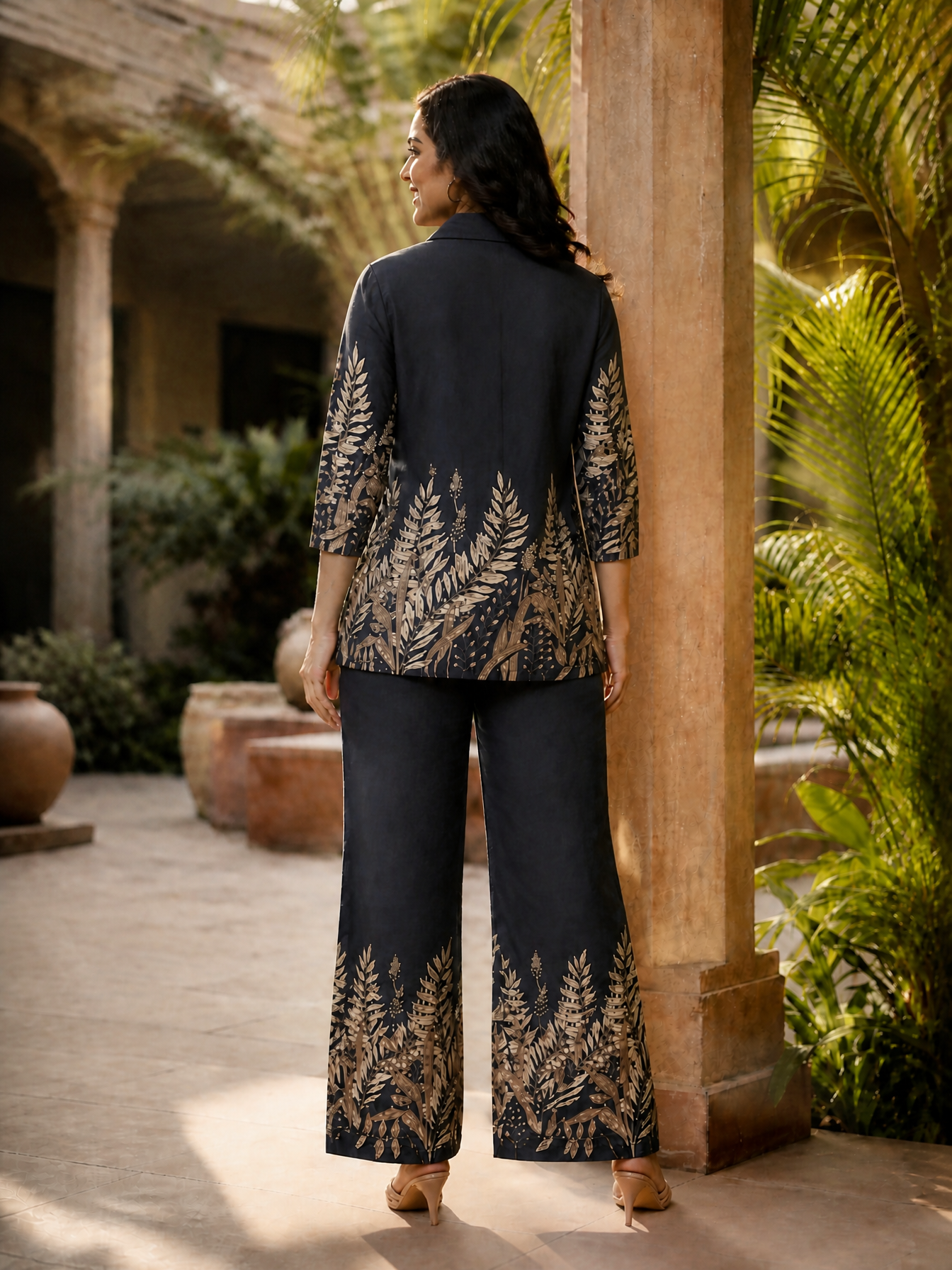 Smokey Grey Leafy Printed Chanderi Co-Ord Set | Claura