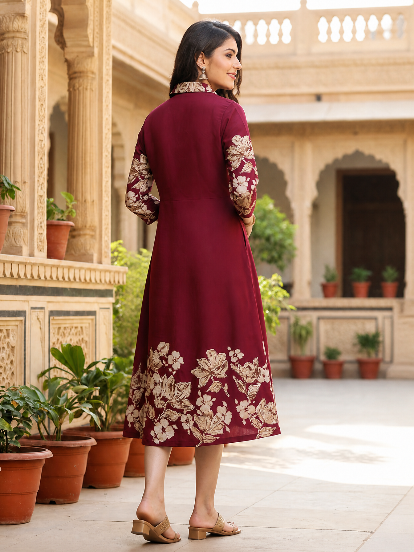 Wine Chanderi Floral Style Ethnic Dress for Women| Claura