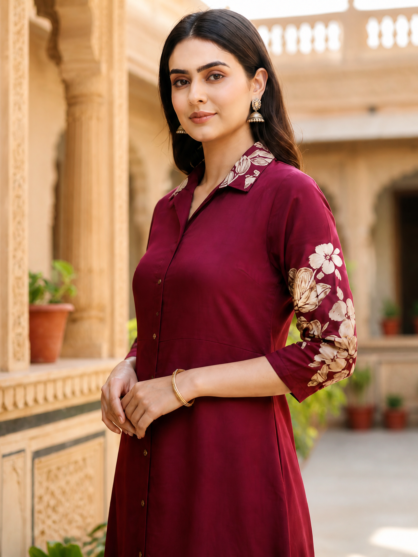 Wine Chanderi Floral Style Ethnic Dress for Women| Claura