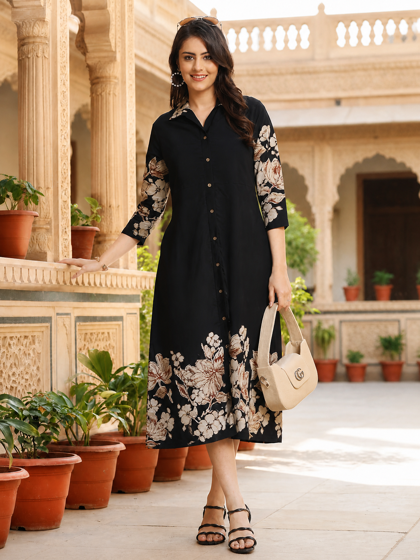 Black Floral Printed Chanderi Silk A-Line Dress for Women | Claura