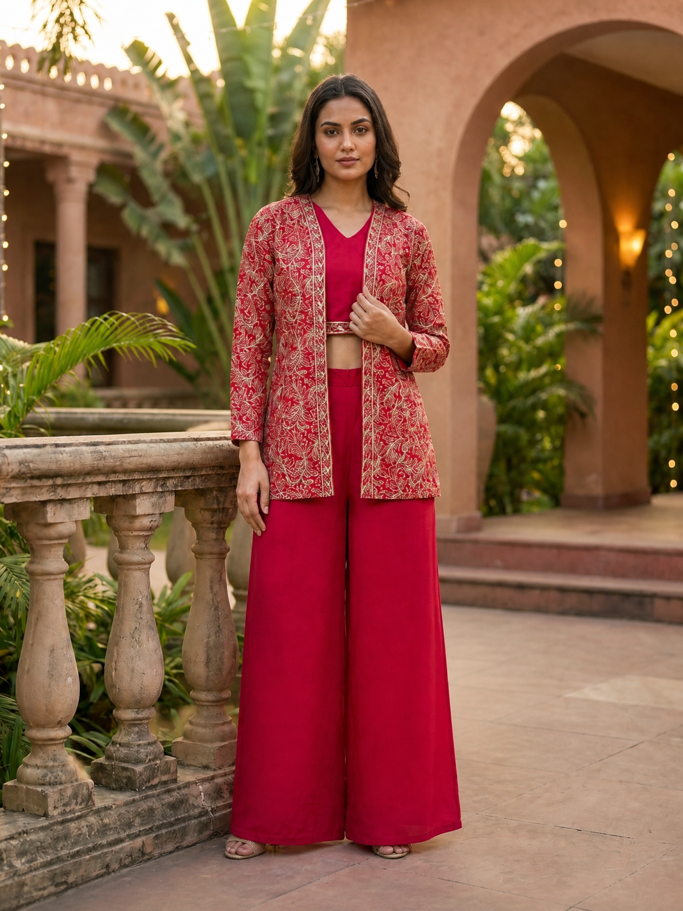 Embroidered Pink Ethnic Chanderi Silk Co-Ord Set for Women With Embroidered Jacket | Claura