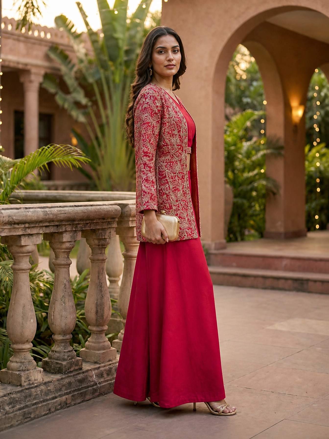 Embroidered Pink Ethnic Chanderi Silk Co-Ord Set for Women With Embroidered Jacket | Claura