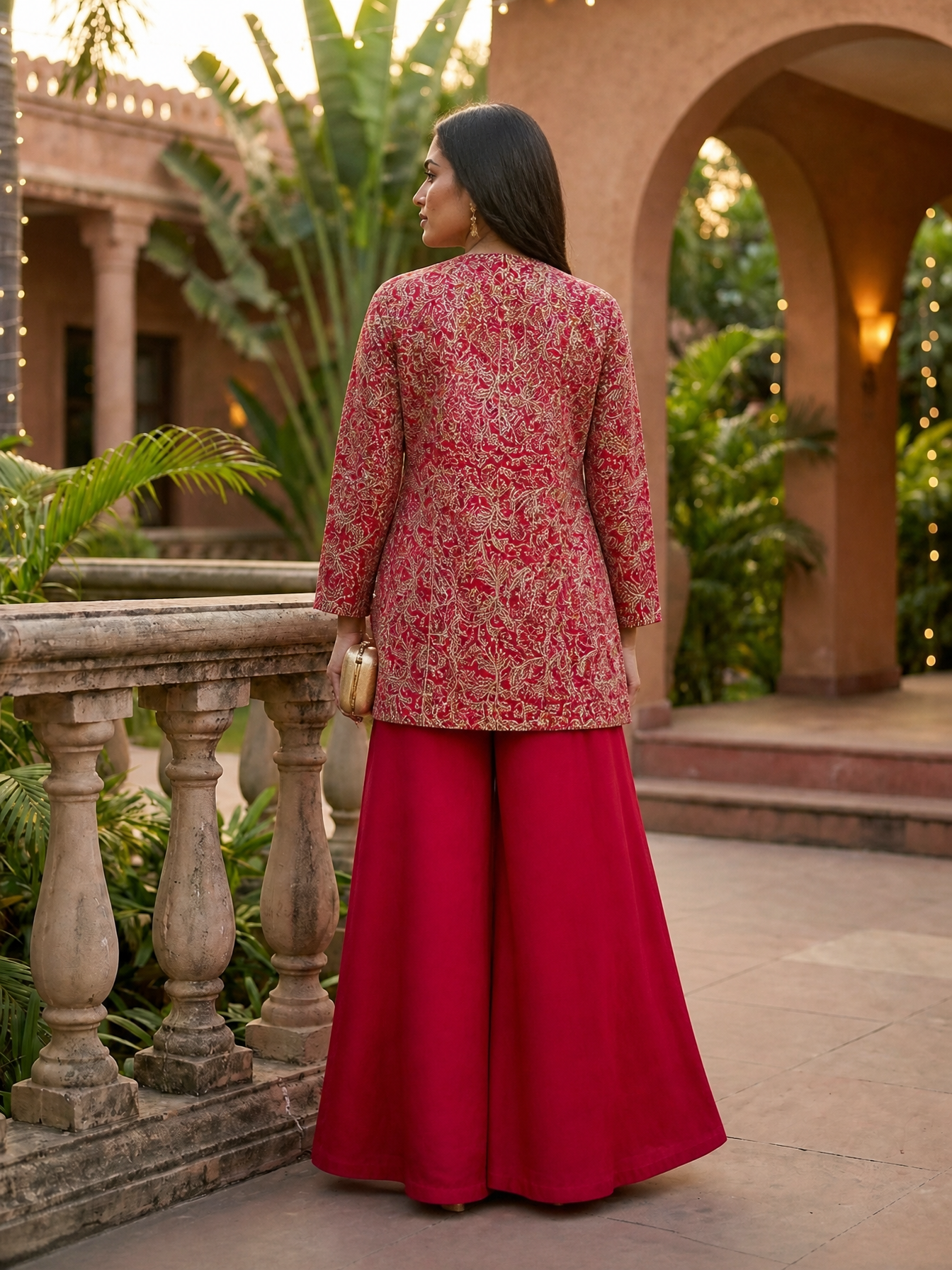Embroidered Pink Ethnic Chanderi Silk Co-Ord Set for Women With Embroidered Jacket | Claura