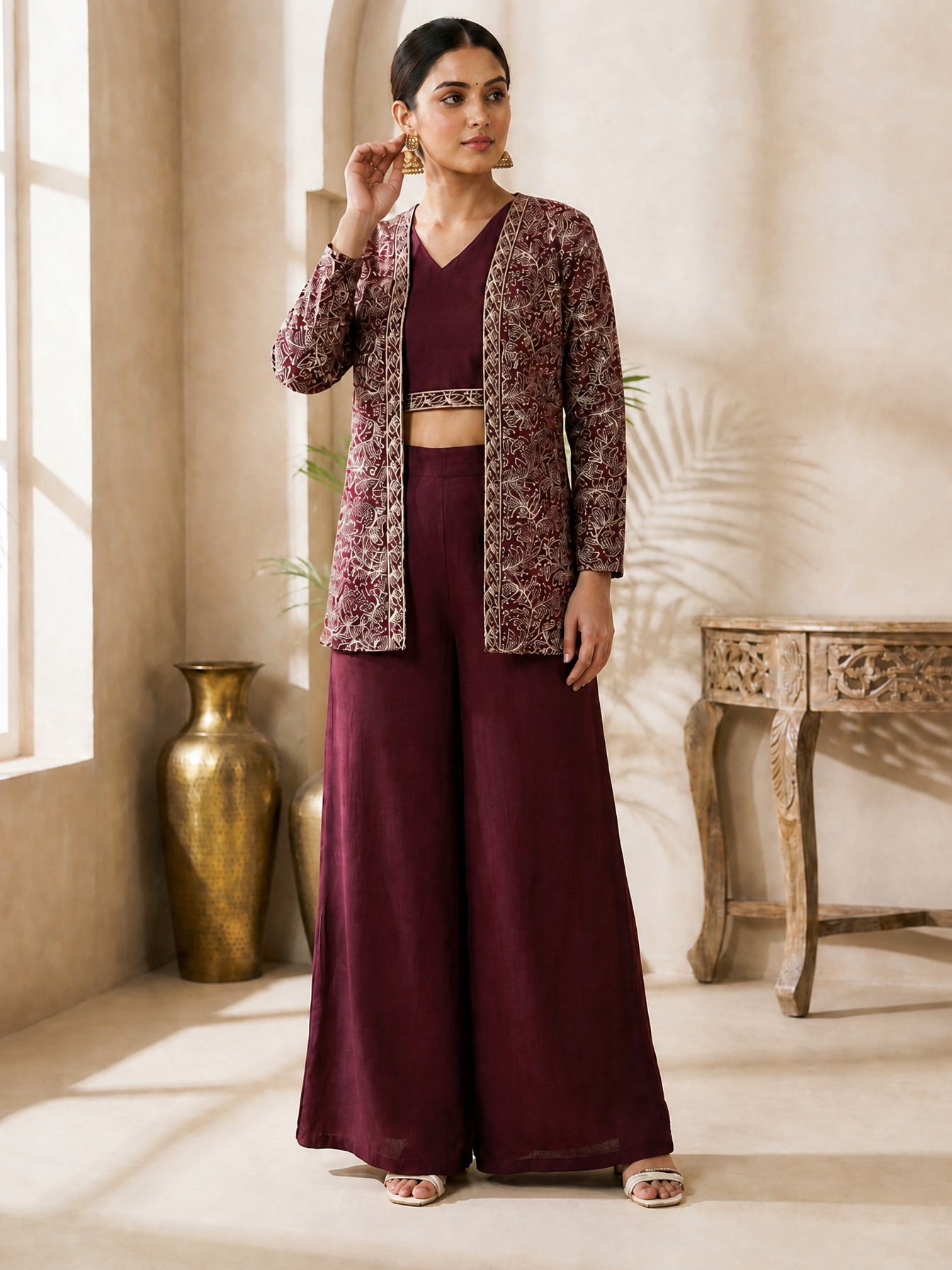 Wine Ethnic Chanderi Silk Co-Ord Set for Women With embroidered jacket | Claura