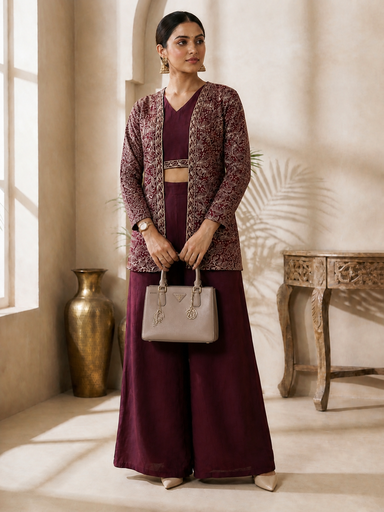 Wine Ethnic Chanderi Silk Co-Ord Set for Women With embroidered jacket | Claura