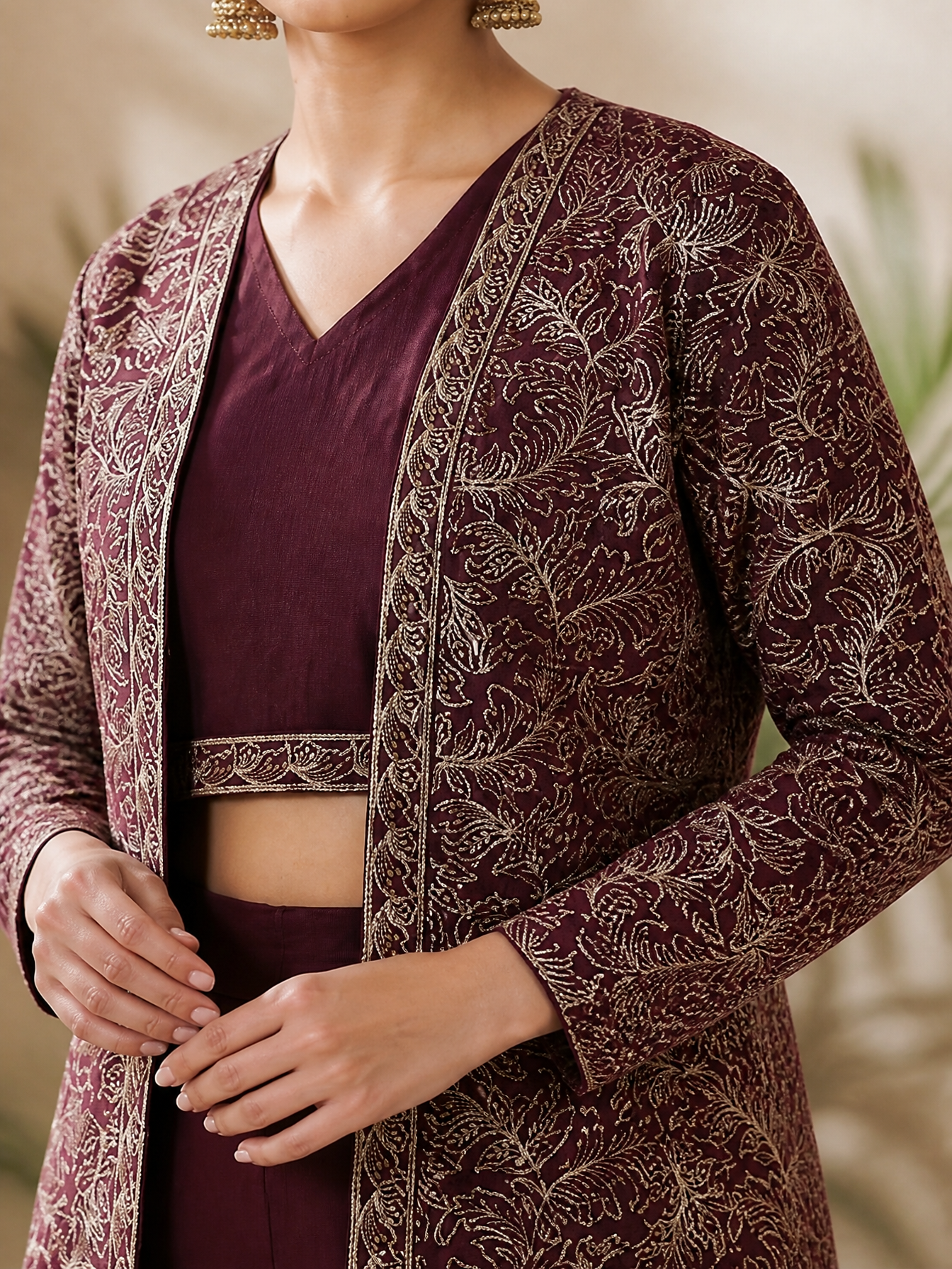 Wine Ethnic Chanderi Silk Co-Ord Set for Women With embroidered jacket | Claura