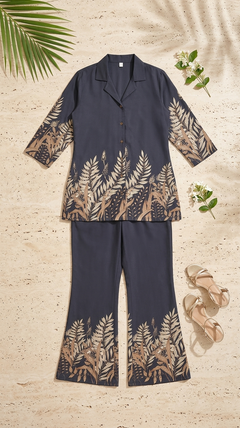 Smokey Grey Leafy Printed Chanderi Co-Ord Set | Claura