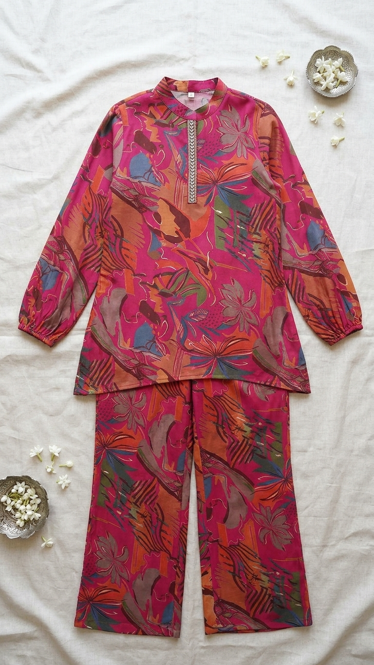 Pink Floral Printed Tunic Palazzo Ethnic Co-Ord Set for Women