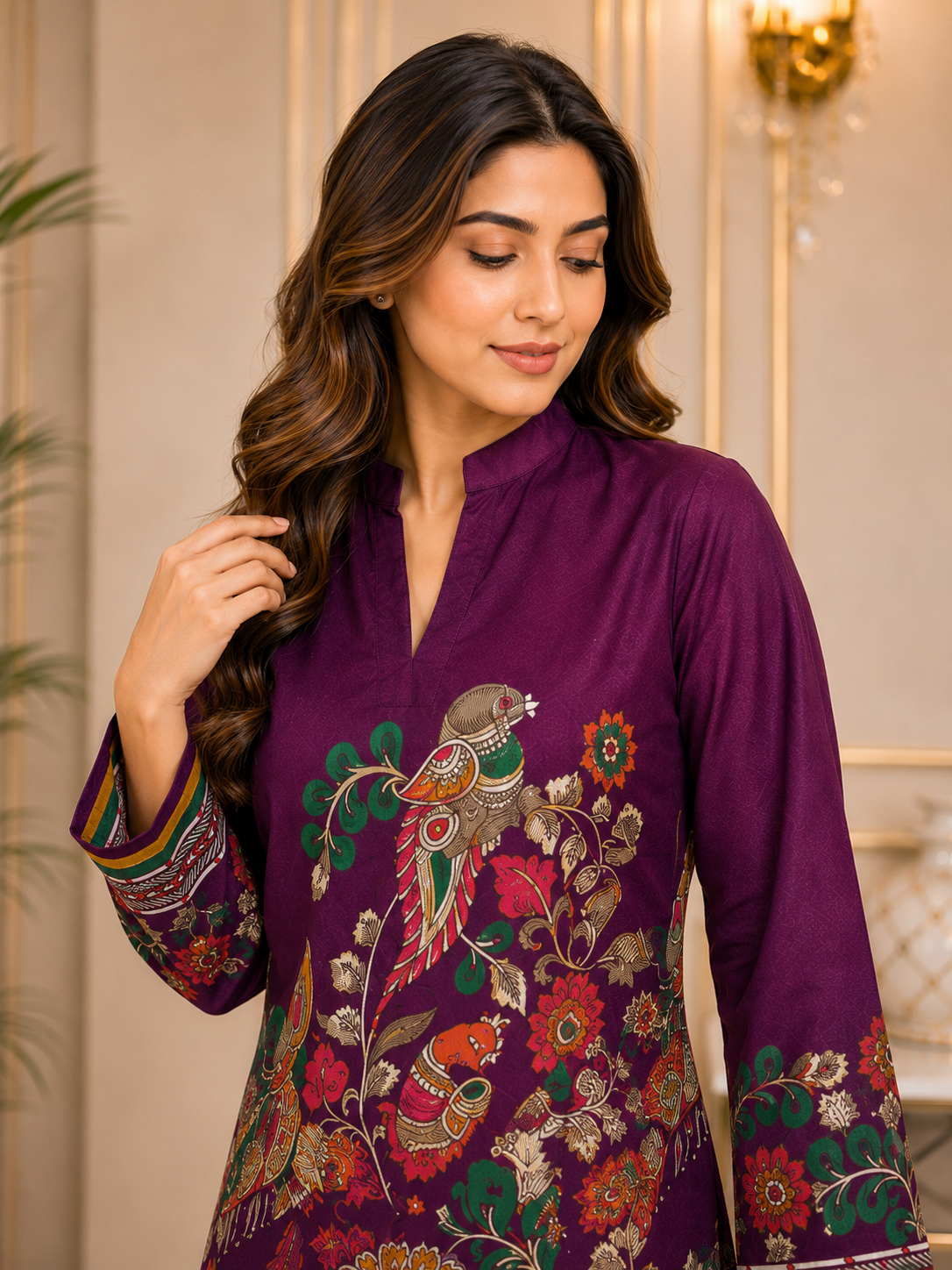 Purple Bohemian Bird & Floral Printed Silk Tunic with Printed Palazzos | Claura