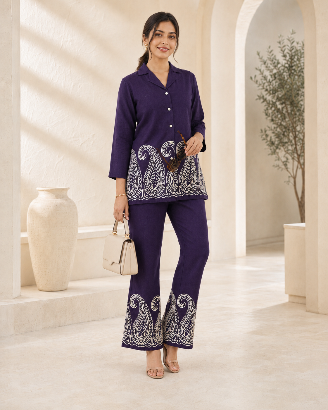 Purple Embroidered Linen Shirt & Trousers Co-Ord Set | Claura