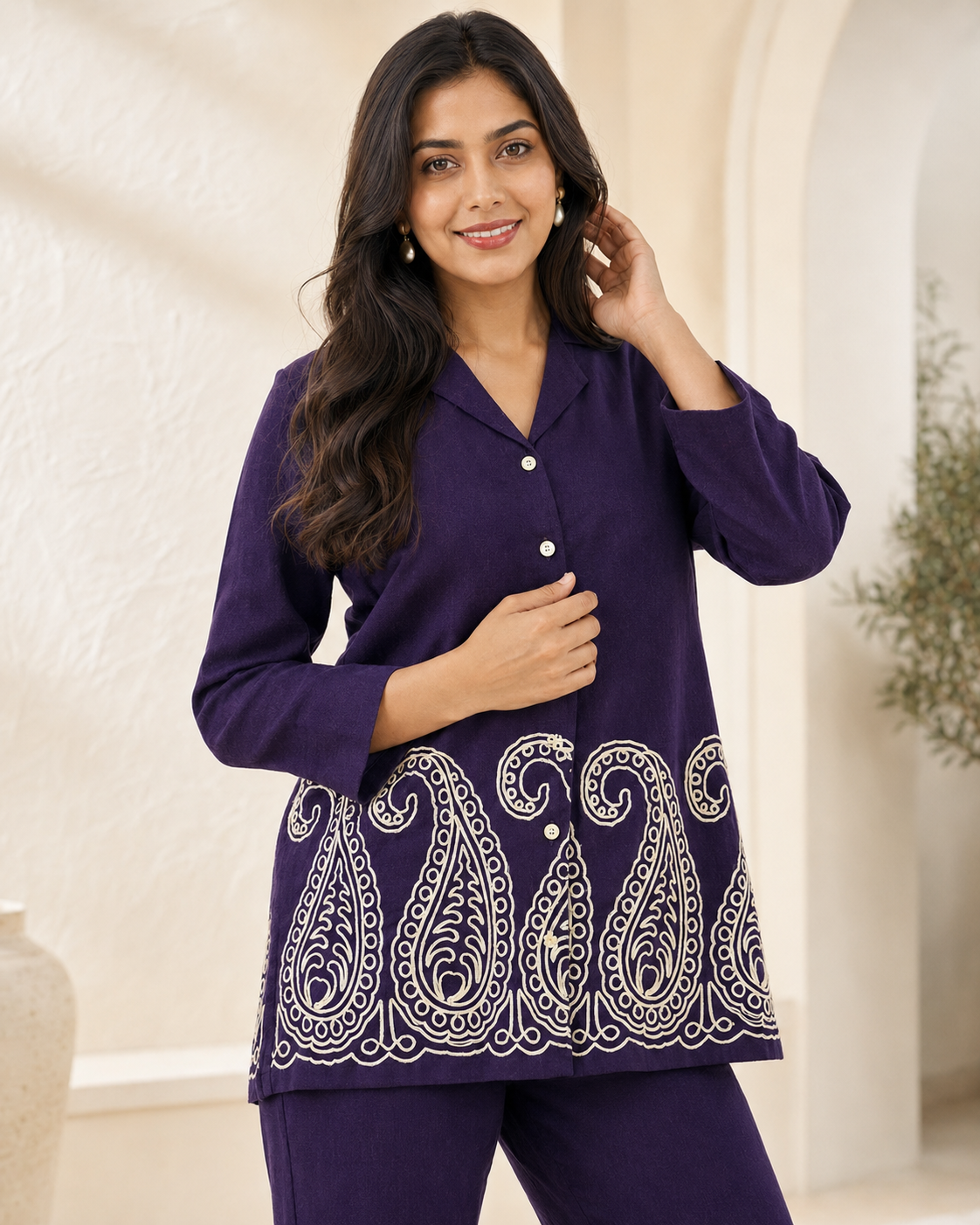 Purple Embroidered Linen Shirt & Trousers Co-Ord Set | Claura