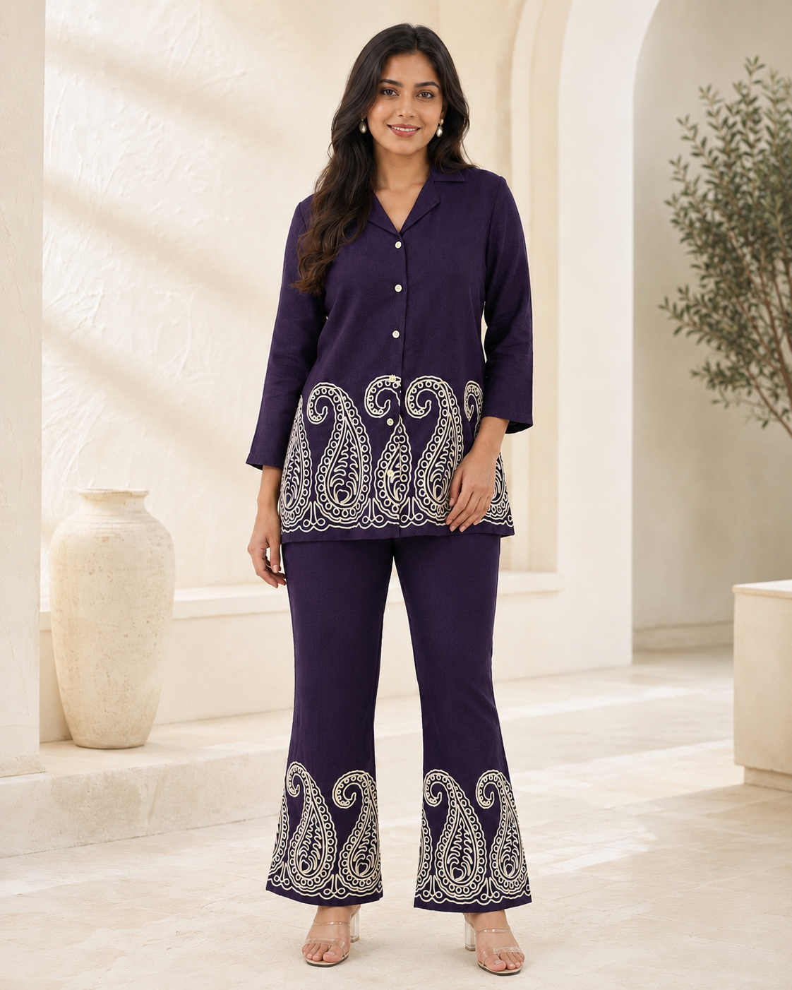 Purple Embroidered Linen Shirt & Trousers Co-Ord Set | Claura