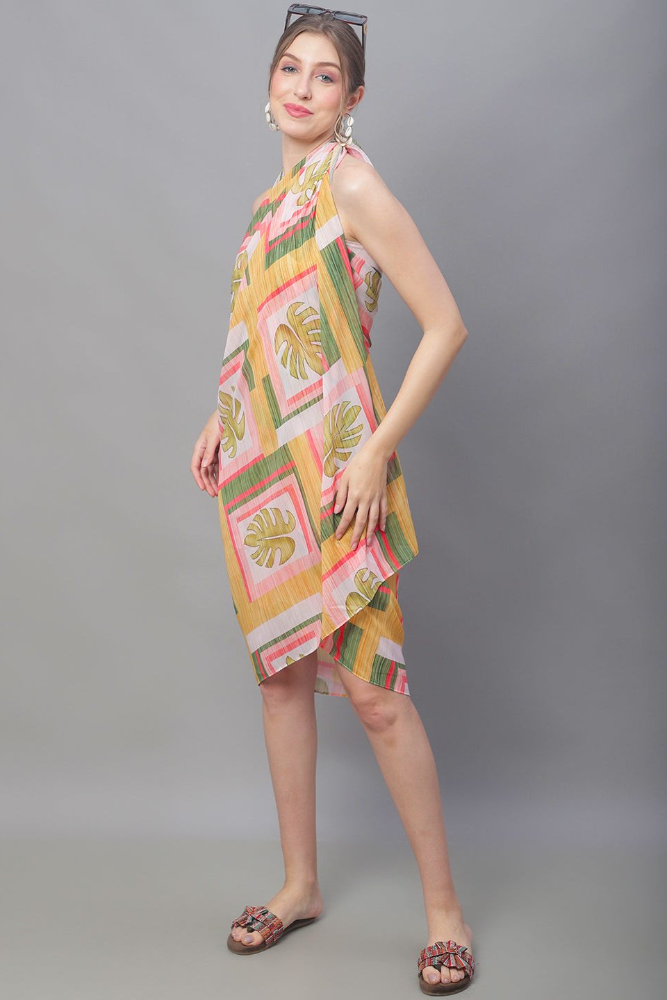 Woman wearing Yellow Tropical Print Beach Dress for Women