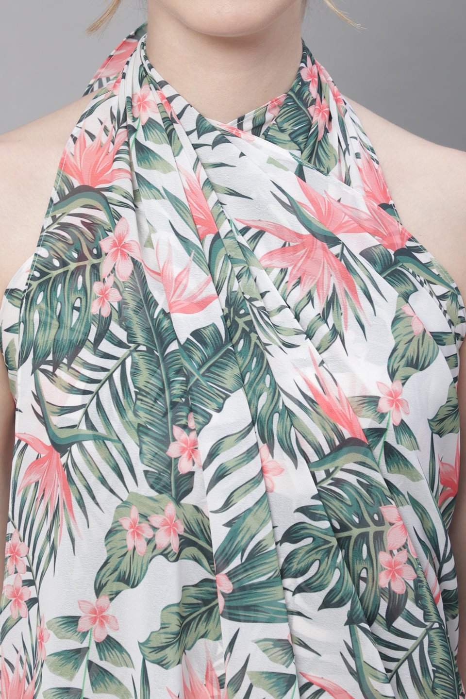 Green Tropical Printed Georgette Beachwear Cover Up Sarong Claura Designs Pvt. Ltd. Sarong Beachwear, Free Size, Printed, Sarong, Swimwear, tropical, White