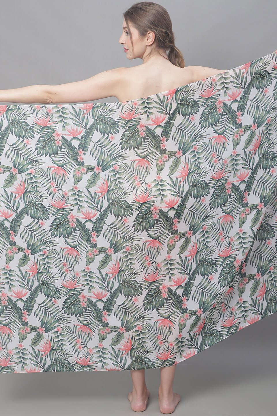 Green Tropical Printed Georgette Beachwear Cover Up Sarong Claura Designs Pvt. Ltd. Sarong Beachwear, Free Size, Printed, Sarong, Swimwear, tropical, White