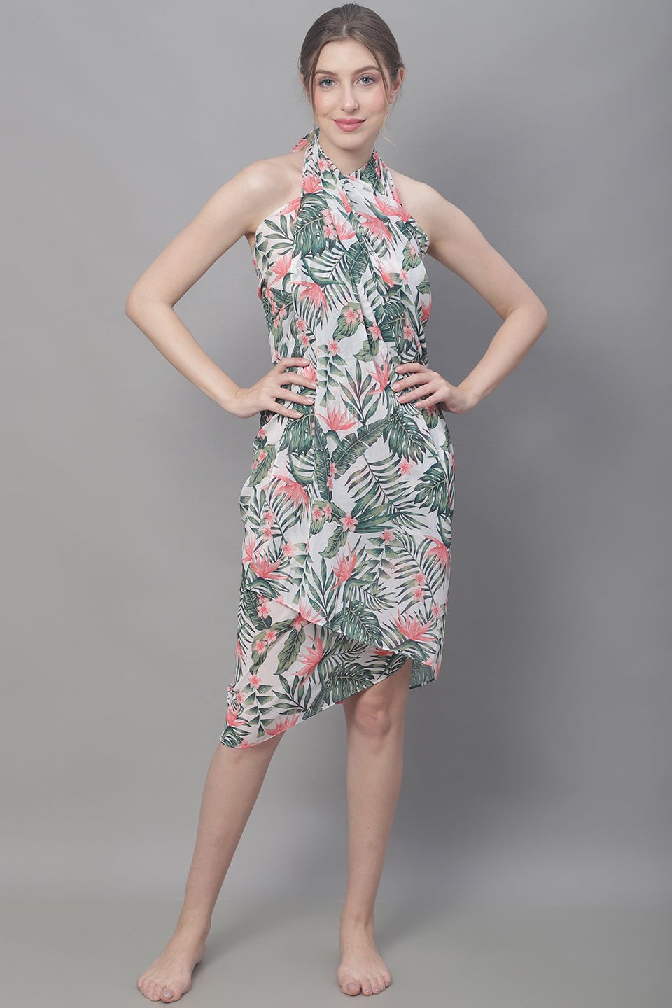 Green Tropical Printed Georgette Beachwear Cover Up Sarong Claura Designs Pvt. Ltd. Sarong Beachwear, Free Size, Printed, Sarong, Swimwear, tropical, White