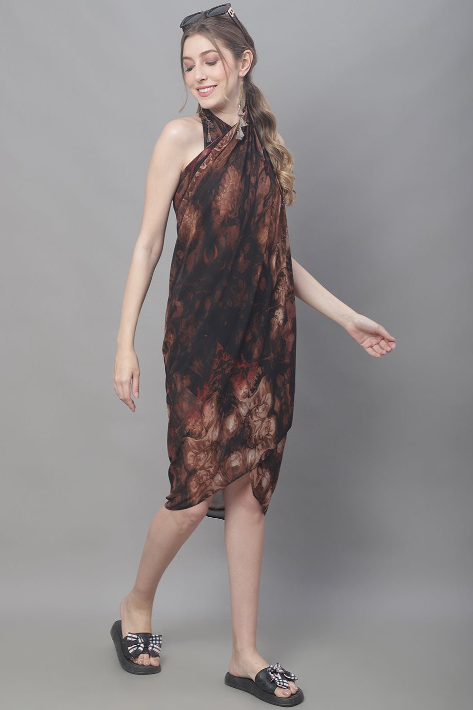 Brown Color Abstract Printed Beachwear Cover Up Sarong Claura Designs Pvt. Ltd. Sarong Abstract, Beachwear, brown, Free Size, Georgette, Printed, Sarong, Striped Printed