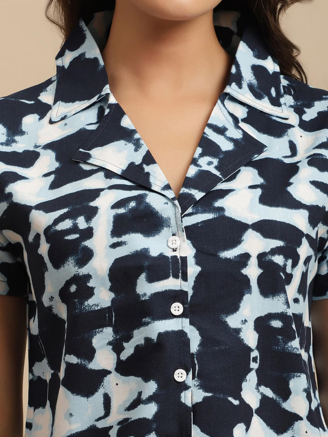 Navy Blue Tie-Dye Viscose Rayon Night Suit for Women by Claura