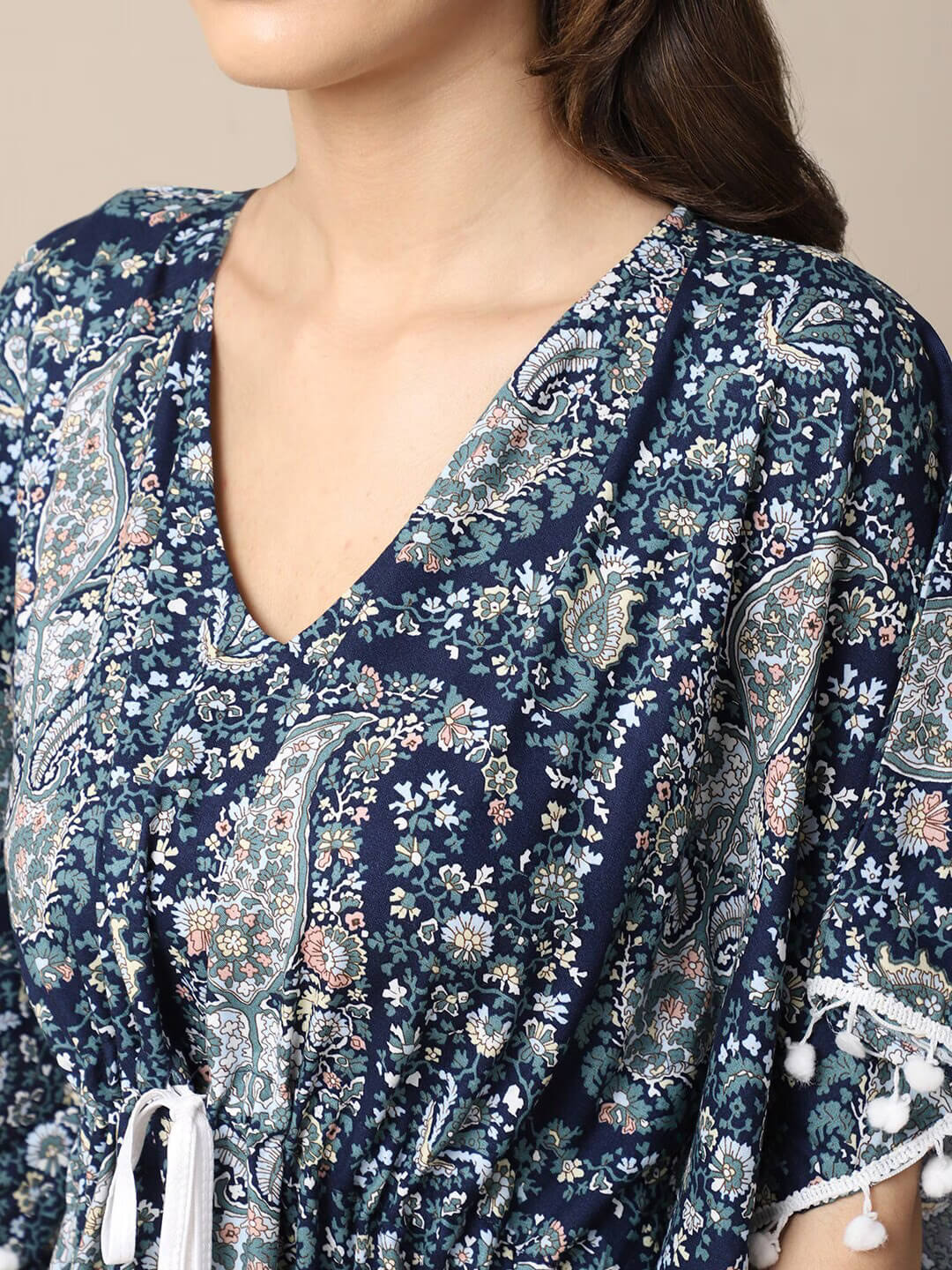 Blue Motif Printed Viscose Rayon Kaftan For Women Claura Designs Pvt. Ltd. Kaftan blue, kaftan, kaftan_freesize, Nightdress, Printed, Sleepwear, V-Neck
