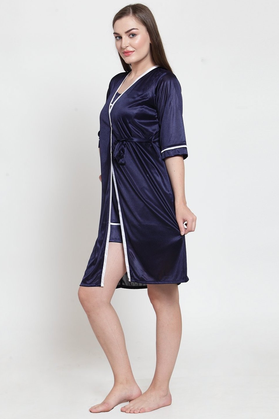 Navy Blue Color Solid Printed Satin Nightyrobe For Women Claura Designs Pvt. Ltd. Robe Kaftan_allsizes, Navy Blue, Nightyrobe, Satin, Solid Printed