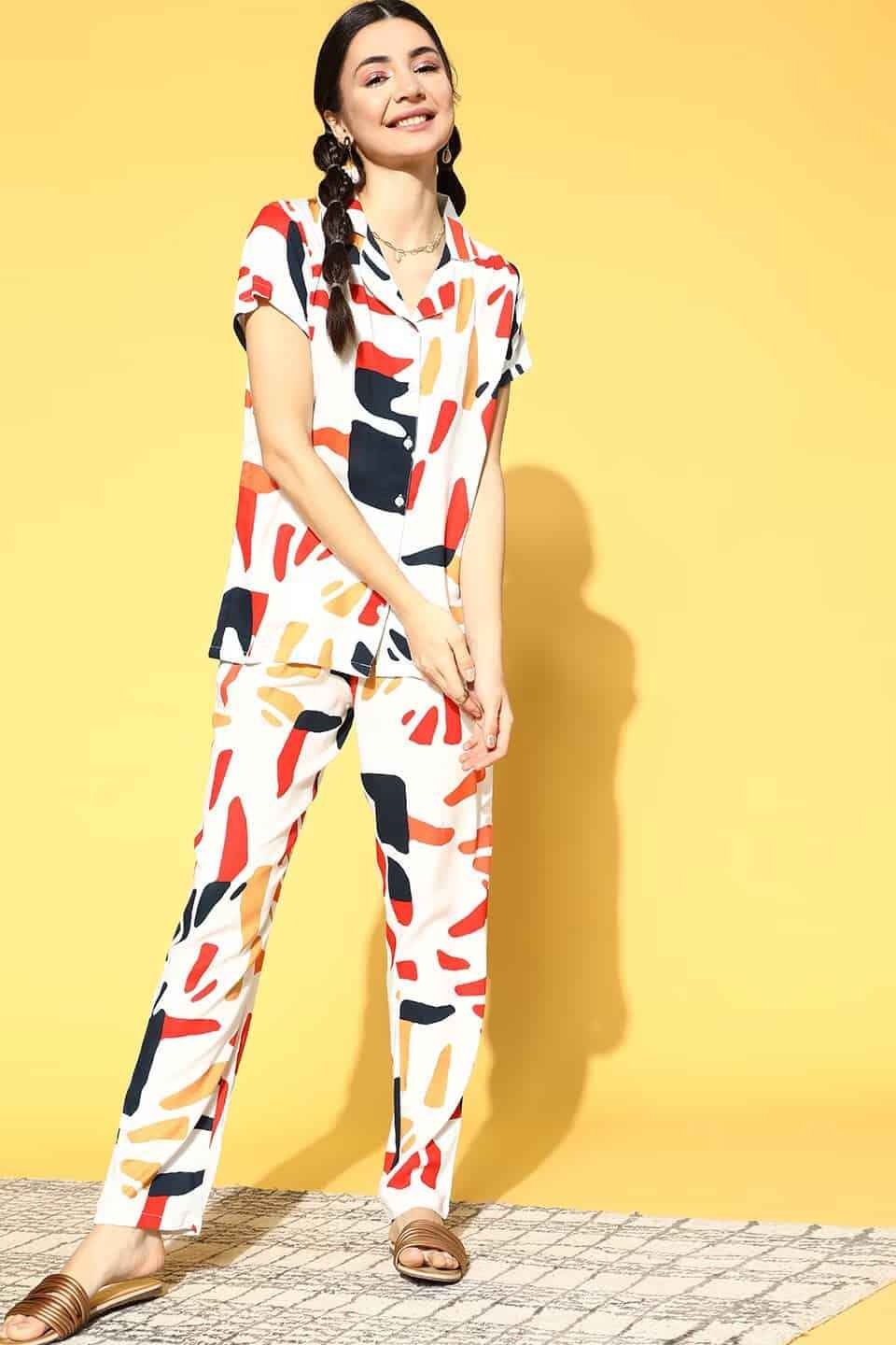 Woman wearing White Printed Night Suit