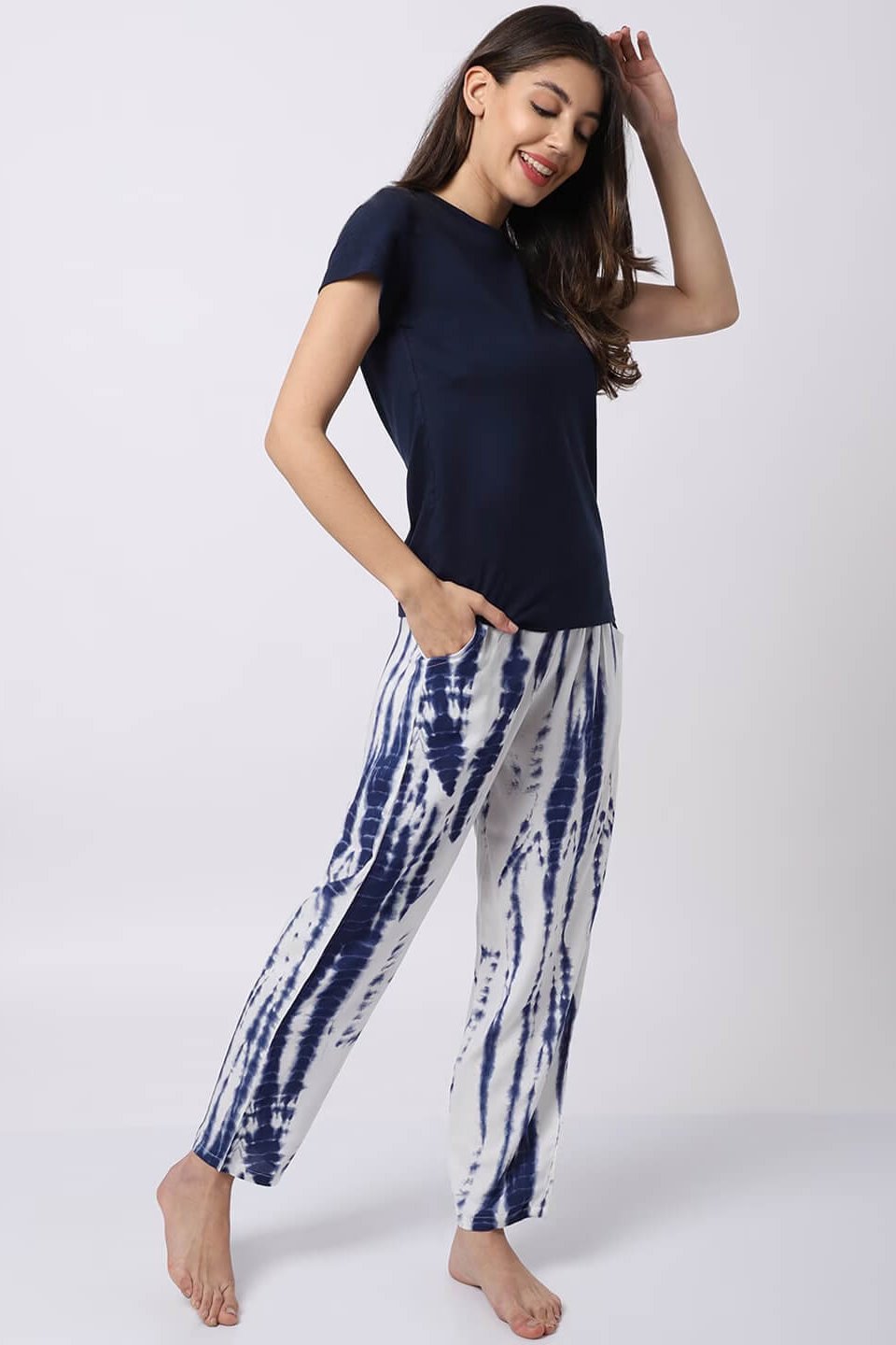 Navy Blue Tie-Dye Printed Viscose Rayon Night Suit for Women by Claura