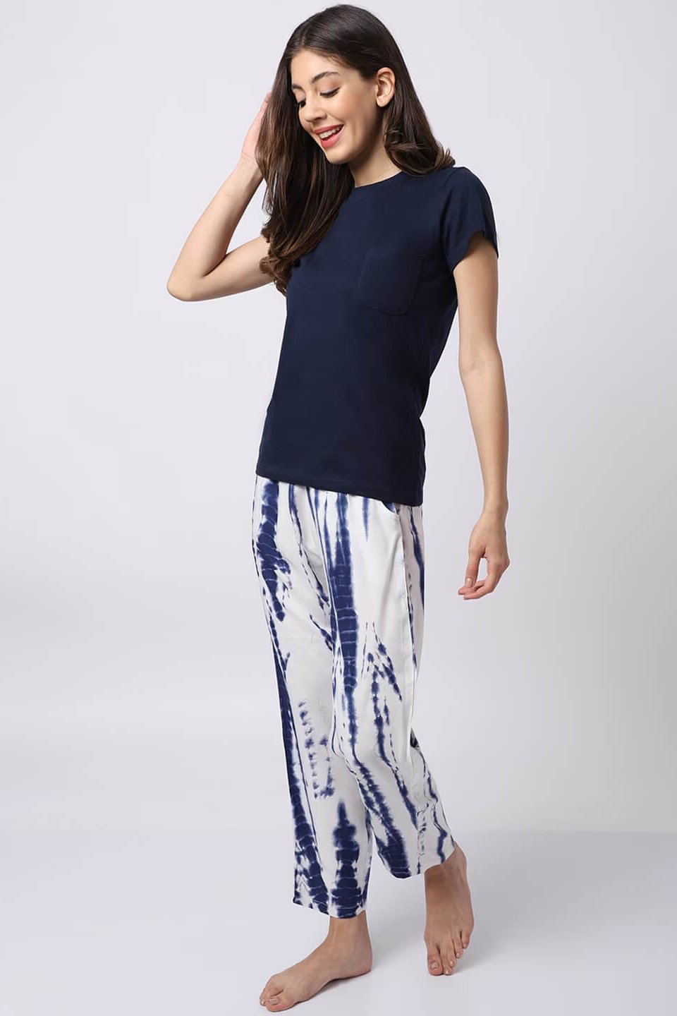 Navy Blue Tie-Dye Printed Viscose Rayon Night Suit for Women by Claura