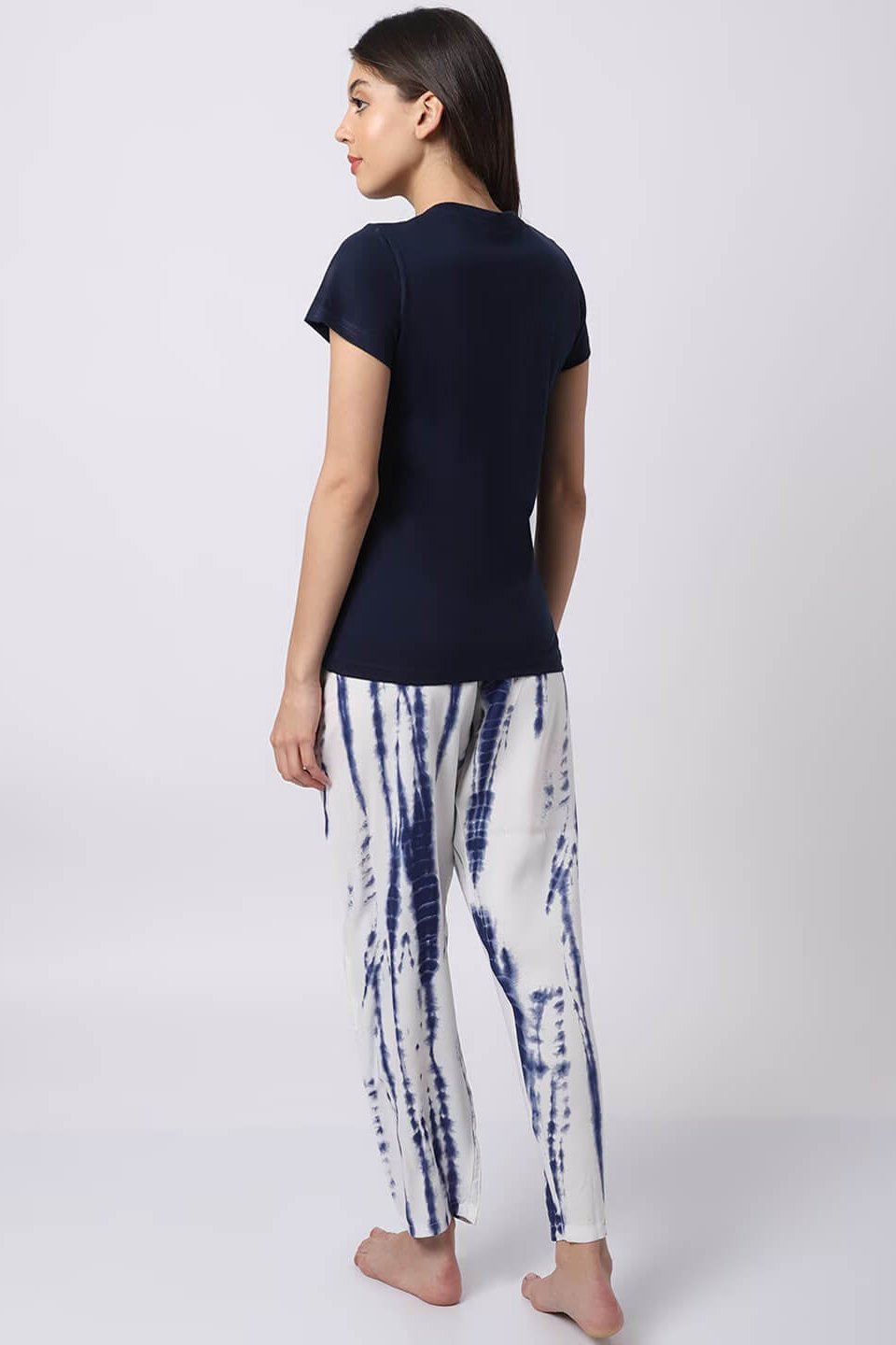 Navy Blue Tie-Dye Printed Viscose Rayon Night Suit for Women by Claura