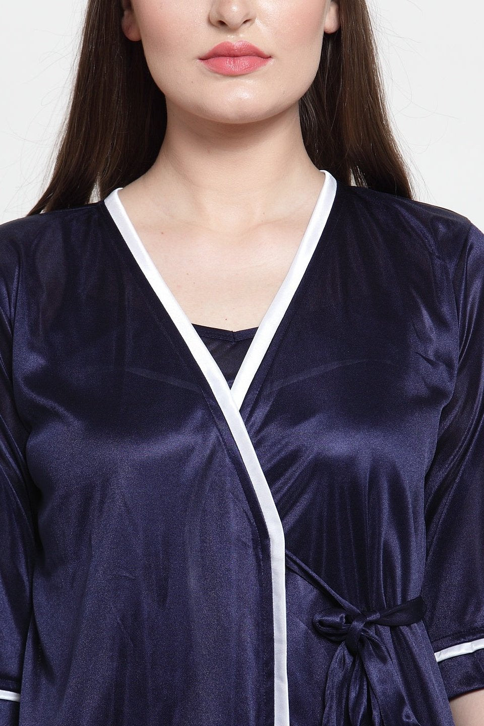 Navy Blue Color Solid Printed Satin Nightyrobe For Women Claura Designs Pvt. Ltd. Robe Kaftan_allsizes, Navy Blue, Nightyrobe, Satin, Solid Printed