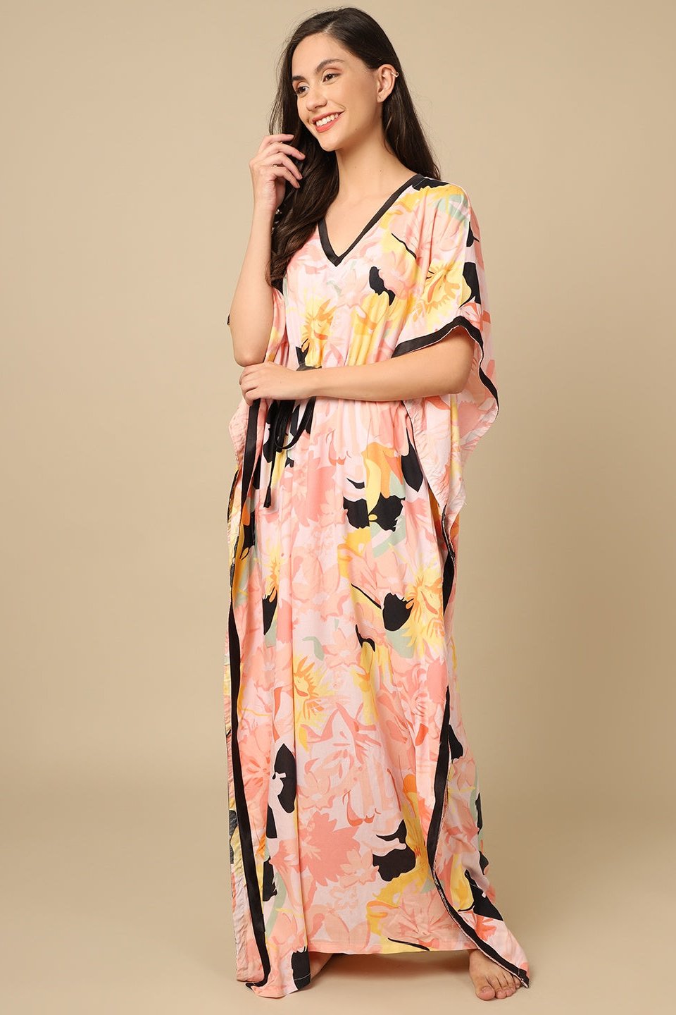 Multi Color Floral Printed Viscose Rayon Kaftan Claura Designs Pvt. Ltd. Kaftan Floral, kaftan, kaftan_freesize, multi color, Nightdress, Printed, Sleepwear, V-Neck
