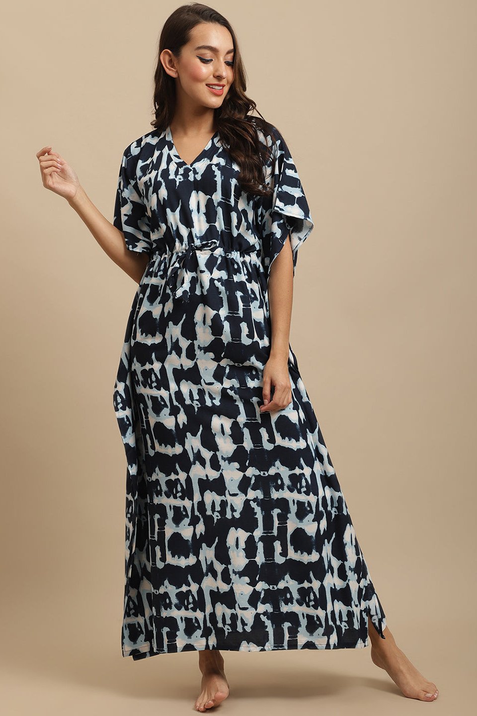 Woman wearing navy abstract printed Kaftan Dress