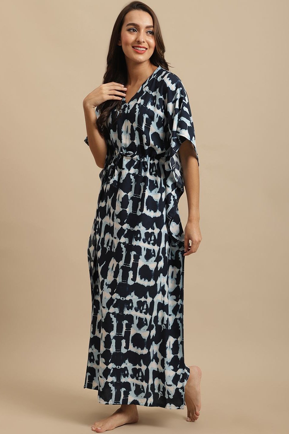 Woman wearing navy abstract printed Kaftan Dress
