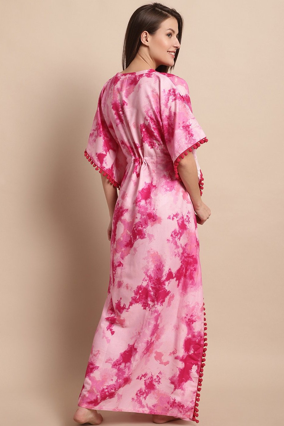 Pink Floral Printed Viscose Rayon Nightdress Kaftan Claura Designs Pvt. Ltd. Kaftan Floral, Free Size, kaftan, kaftan_freesize, Nightdress, Pink, Printed, Rayon, Sleepwear, V-Neck