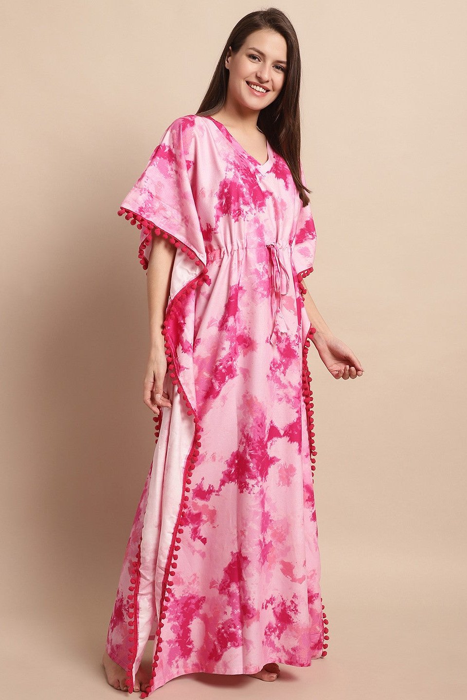 Pink Floral Printed Viscose Rayon Nightdress Kaftan Claura Designs Pvt. Ltd. Kaftan Floral, Free Size, kaftan, kaftan_freesize, Nightdress, Pink, Printed, Rayon, Sleepwear, V-Neck