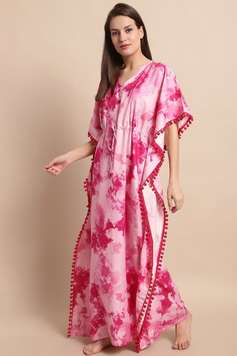 Pink Floral Printed Viscose Rayon Nightdress Kaftan Claura Designs Pvt. Ltd. Kaftan Floral, Free Size, kaftan, kaftan_freesize, Nightdress, Pink, Printed, Rayon, Sleepwear, V-Neck