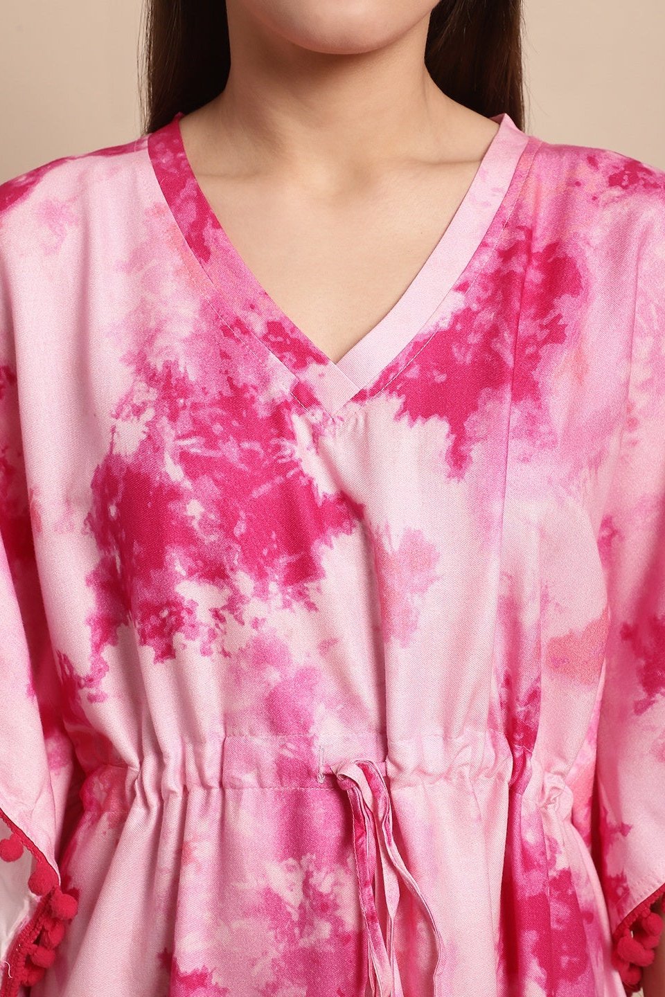 Pink Floral Printed Viscose Rayon Nightdress Kaftan Claura Designs Pvt. Ltd. Kaftan Floral, Free Size, kaftan, kaftan_freesize, Nightdress, Pink, Printed, Rayon, Sleepwear, V-Neck