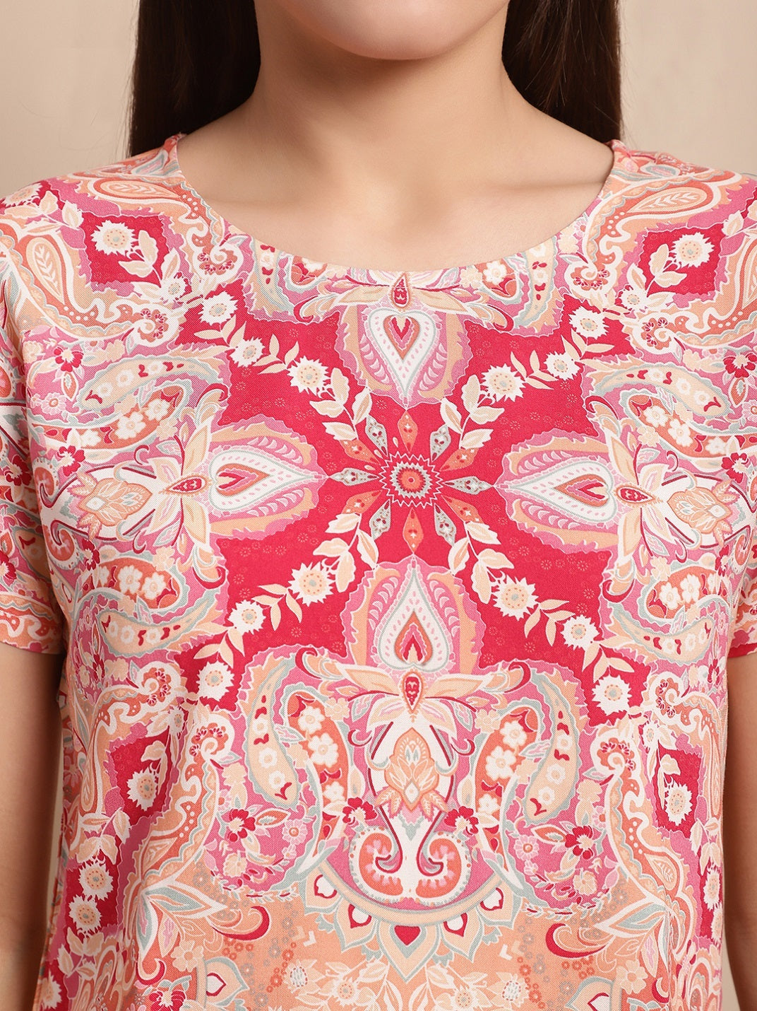 Pink Color Printed Viscose Rayon Night Suit for Women by Claura