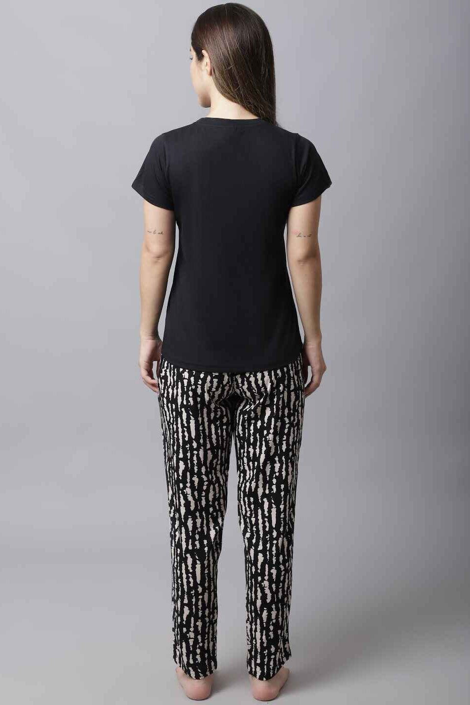 Black Abstract Printed Cotton Night Suit for Women by Claura