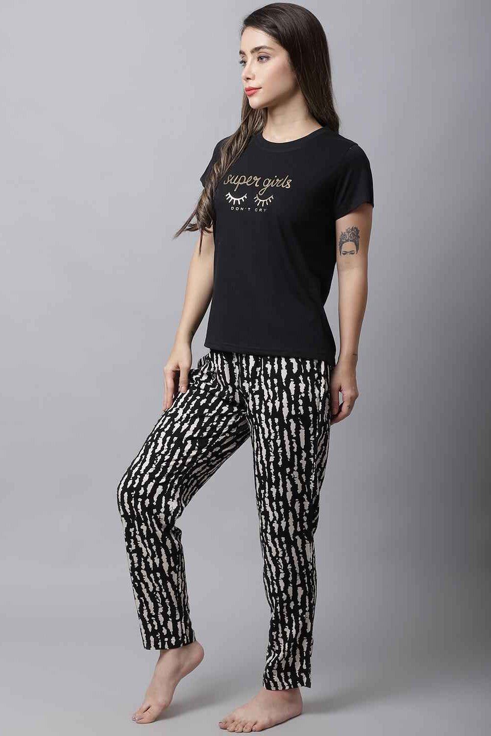Black Abstract Printed Cotton Night Suit for Women by Claura