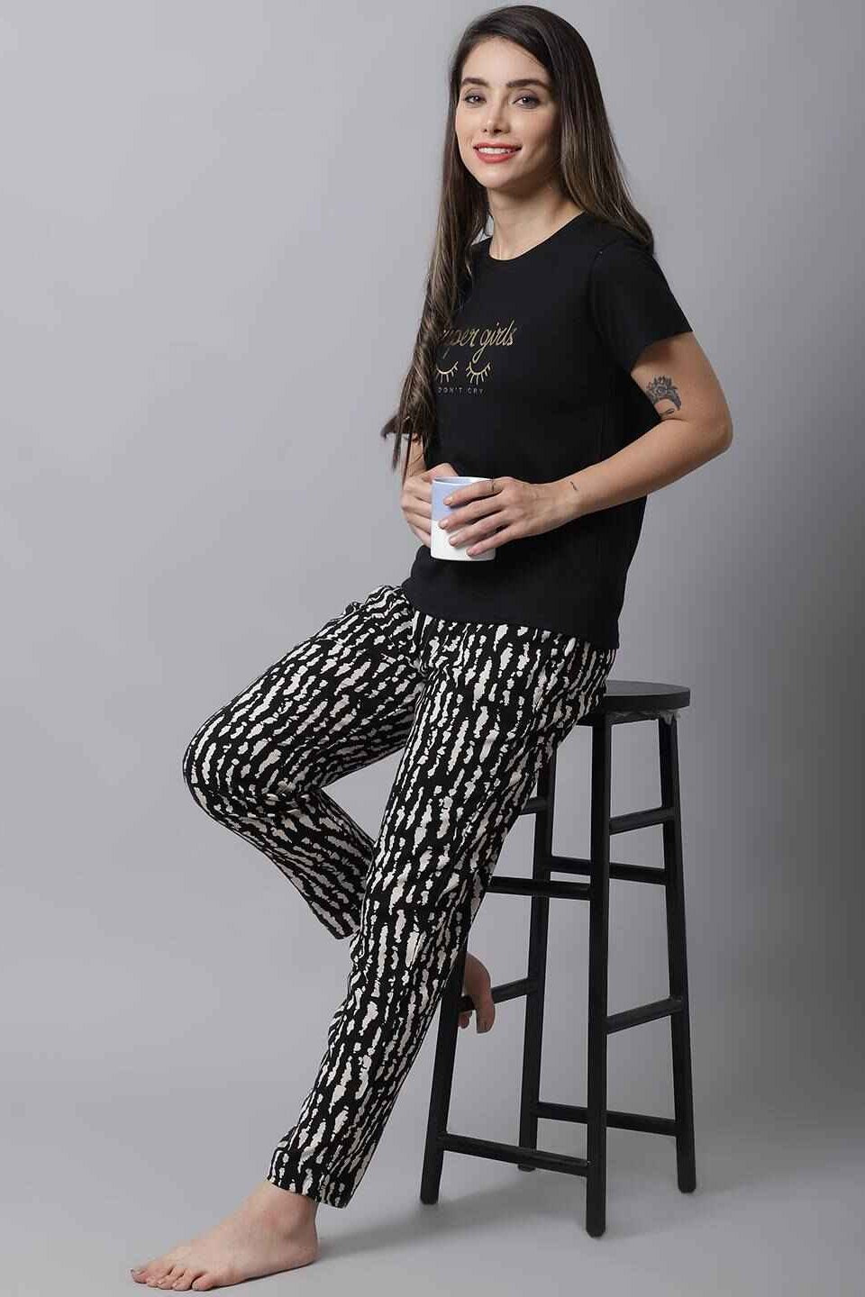 Woman wearing Black Abstract Print Night Suit
